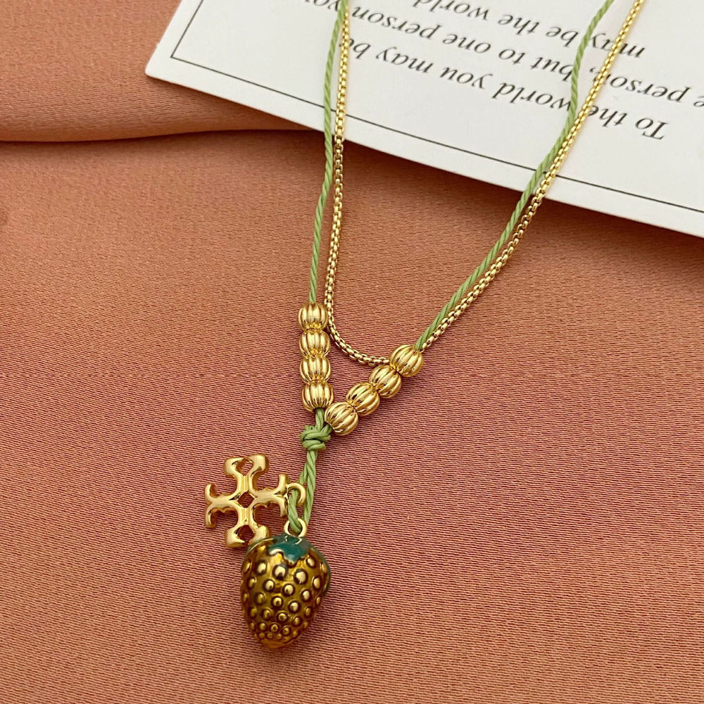 Tory Burch Enamel Strawberry Pendant Double Layer Chain Necklace